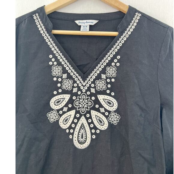 Tommy Bahama Women's Black Embroidered Linen V Neck Tunic Blouse Medium Boho - Picture 4 of 7